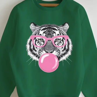 Elevate Your Autumn and Winter Wardrobe with the Stylish 2025 Women's Green Tiger Bubble Gum Pattern Hoodie - Perfect for Comfort and Fashion!