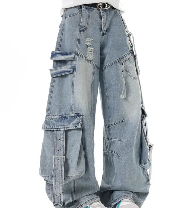 American Heavyweight Deconstructed Ribbon Cargo Jeans For Men And Women MaiBeast