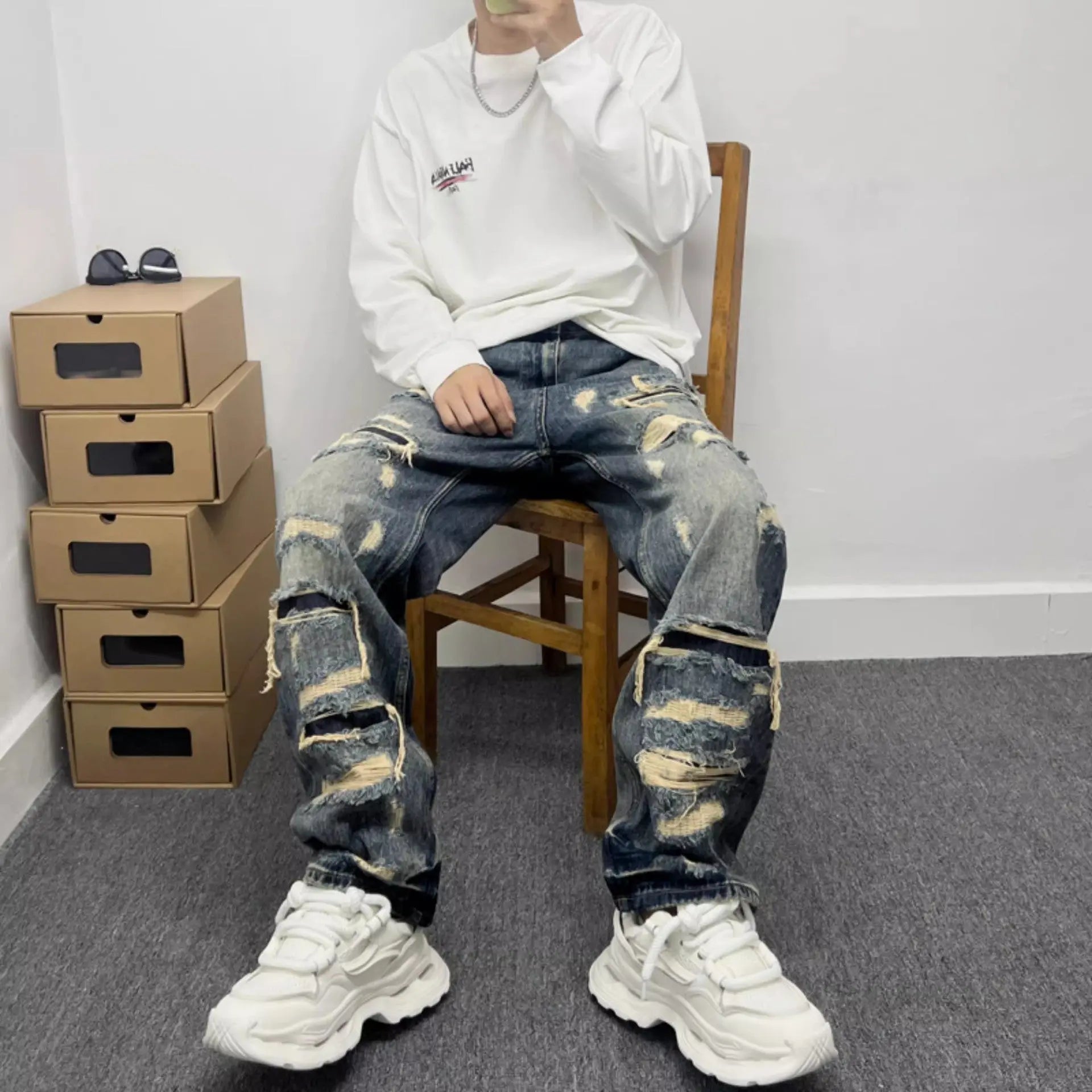 Casual Stylish Ripped Patch Jeans-loose fit. MaiBeast