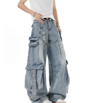 American Heavyweight Deconstructed Ribbon Cargo Jeans For Men And Women MaiBeast