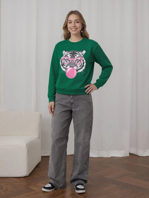 Elevate Your Autumn and Winter Wardrobe with the Stylish 2025 Women's Green Tiger Bubble Gum Pattern Hoodie - Perfect for Comfort and Fashion!